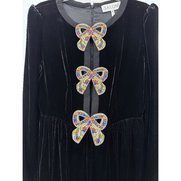 Saloni Camille Rainbow Crystal Bow Liquid Velvet Mini Dress Black US 10 - Picture 6 of 16